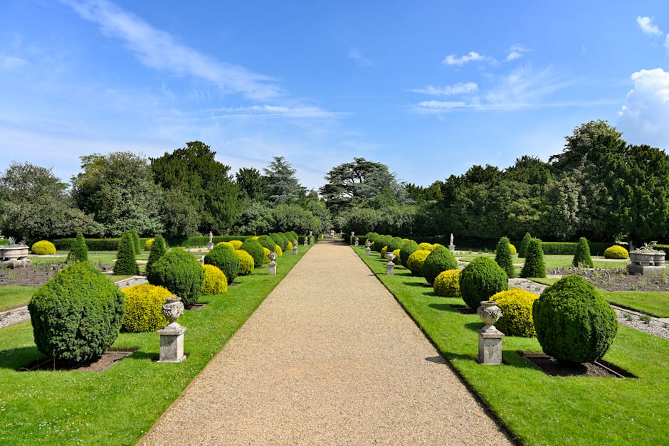 A long, straight garden pathway composed of light brown gravel extends into the distance, flanked by neatly trimmed, rounded evergreen bushes with dark green foliage and some yellowish-green plants. S